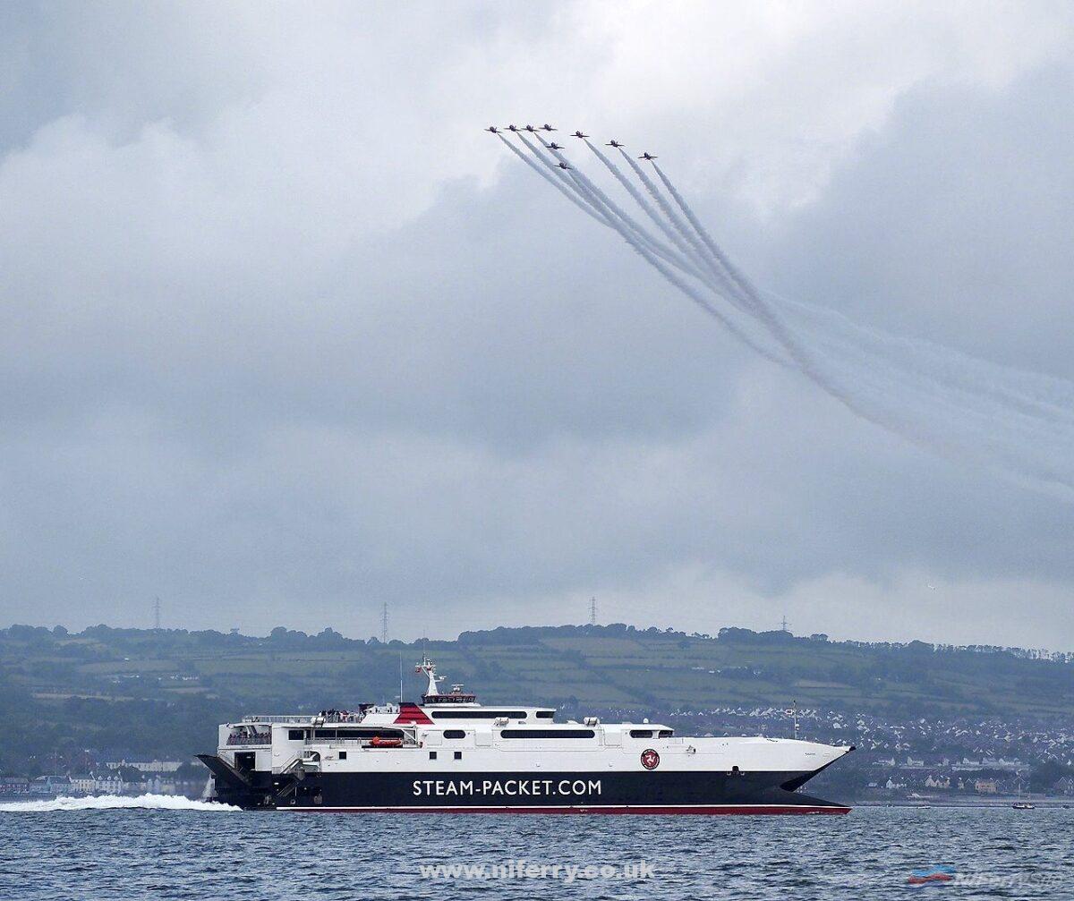 Manannan pictured in Belfast Lough, with the Red Arrows flying overhead. Taken during the Tall Ships festival, 2015. Copyright © Ross McDonald.