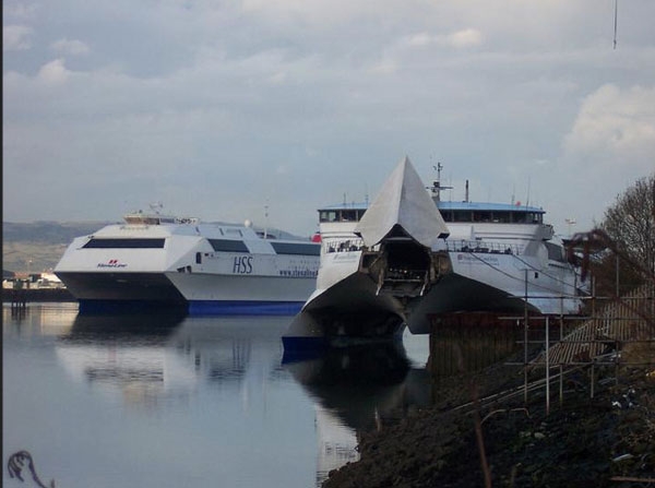 HSS Voyager and Hoverspeed Great Britain (at the ship repair quay in Belfast). Photograph Copyright © Scott Mackey.