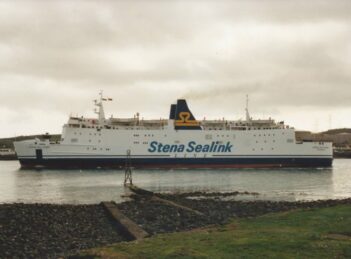Stena Galloway leaves Larne in the short lived Stena Sealink Line livery. Copyright © Gary Andrews.