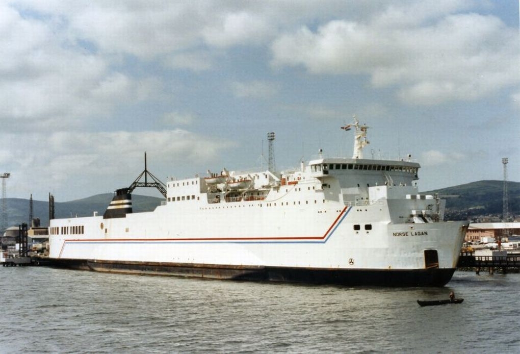 Pictured at the new Victoria Terminal 2 in 1992 is NORSE LAGAN, a very different ship to the vessel with which replaced her, the first LAGAN VIKING. She was an important ship for Belfast, in that she helped reestablish the direct ferry service to Liverpool. Copyright © Alan Geddes