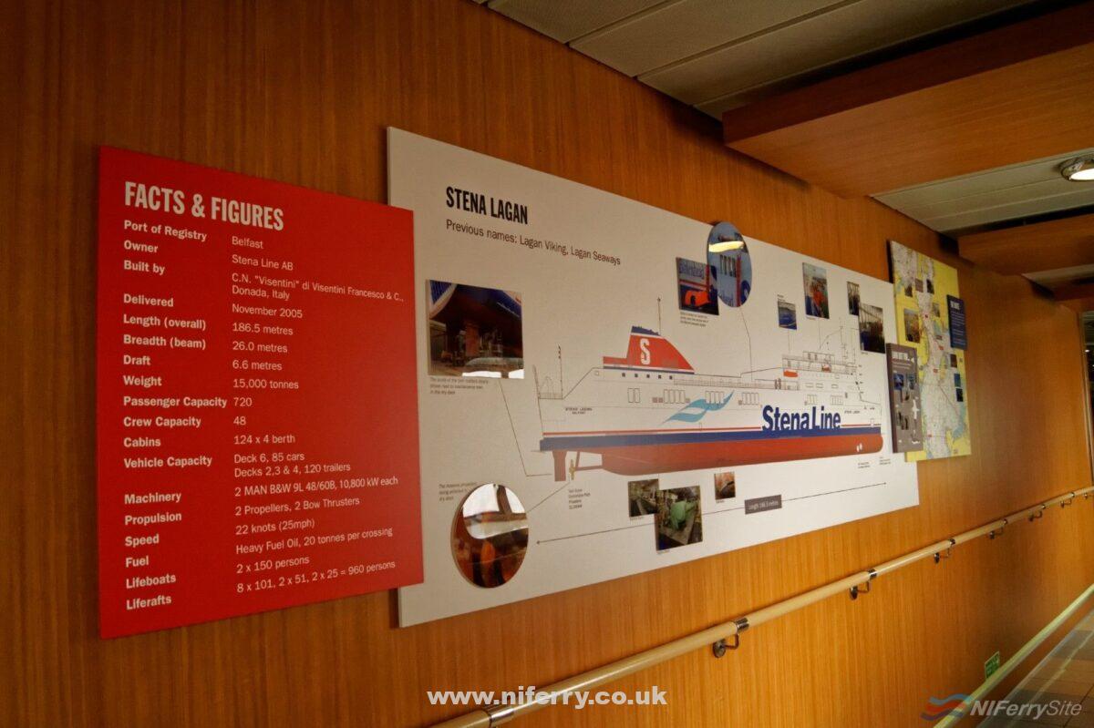 The main corridor runs along the starboard side of the cabin block on deck 5, and is dominated by this diagram of the ship and information about both the ship and route(s) they take. The other side of the corridor features windows looking out onto the sea. (Stena Lagan - identical). © Steven Tarbox