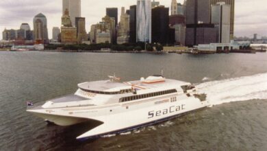 Hoverspeed Great Britain pictured in New York before her record breaking crossing of the Atlantic. InCat.