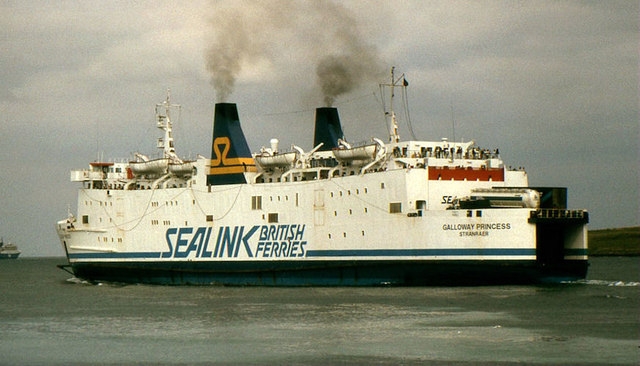 Galloway Princess pictured leaving Larne in the privatised Sealink British Ferries livery during 1989. © Copyright Albert Bridge and licensed for reuse under this Creative Commons Licence http://creativecommons.org/licenses/by-sa/2.0/ .
