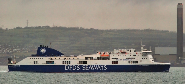 Lagan Seaways pictured in her short-lived full DFDS livery during 2011. The DFDS name would soon be painted out and the funnel colours replaced with those of Stena Line. © Copyright Albert Bridge and licensed for reuse under this Creative Commons Licence http://creativecommons.org/licenses/by-sa/2.0/ .