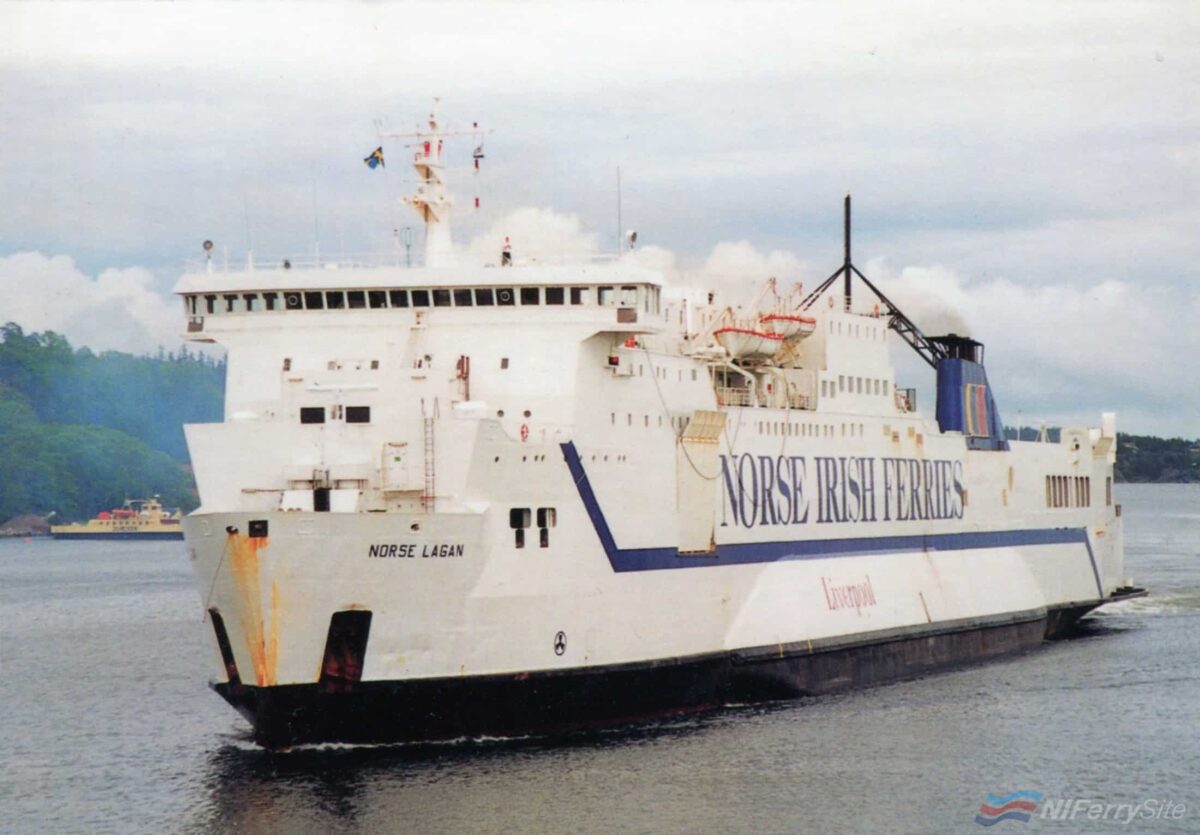 Norse Lagan, Stockholm. Pictured in 1998 whilst on charter to Seawind Line but still in full Norse Irish Ferries livery. Copyright © Ian Boyle. Simplon postcard.