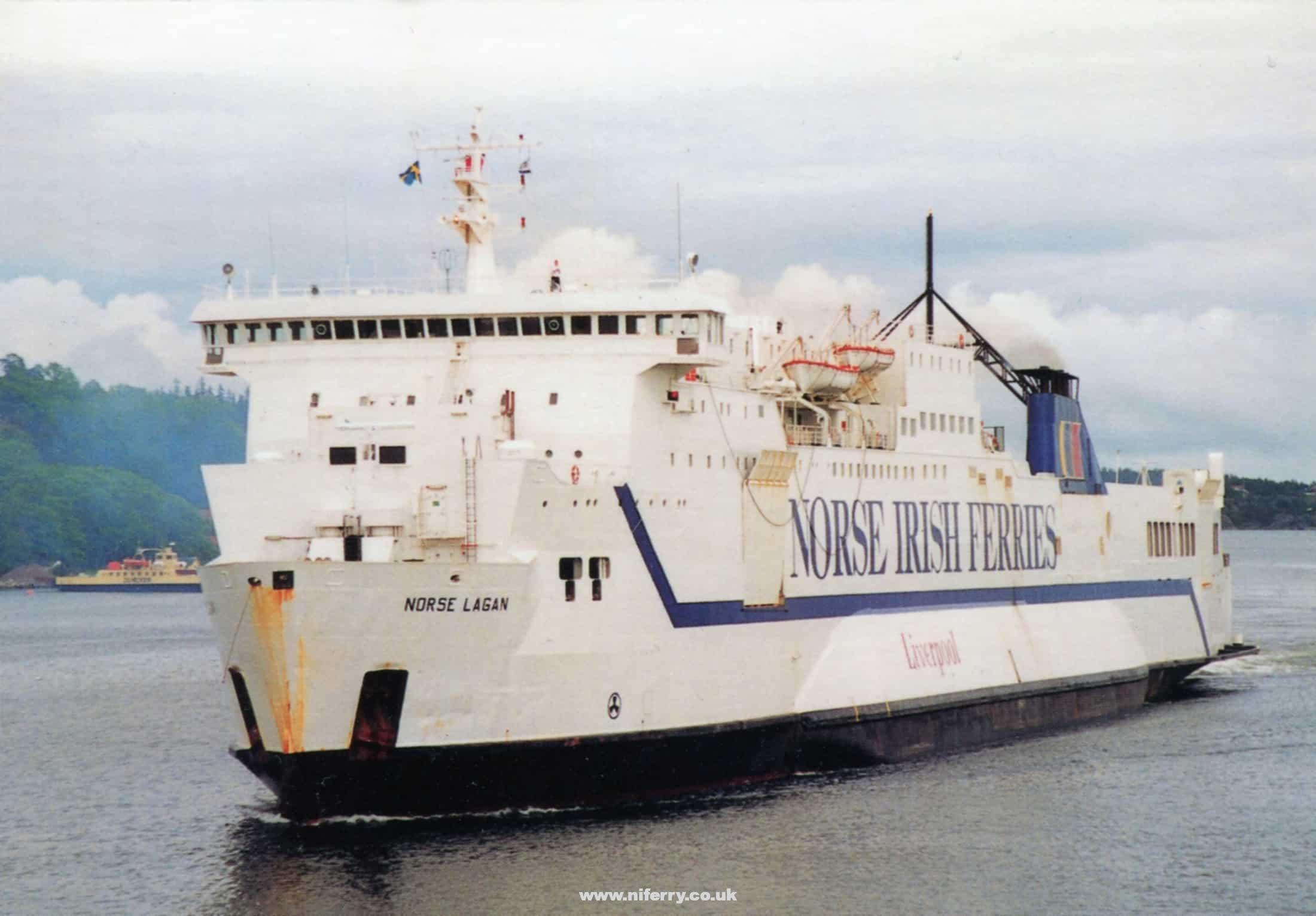 Norse Lagan, Stockholm. Pictured in 1998 whilst on charter to Seawind Line but still in full Norse Irish Ferries livery. Copyright © Ian Boyle. Simplon postcard.