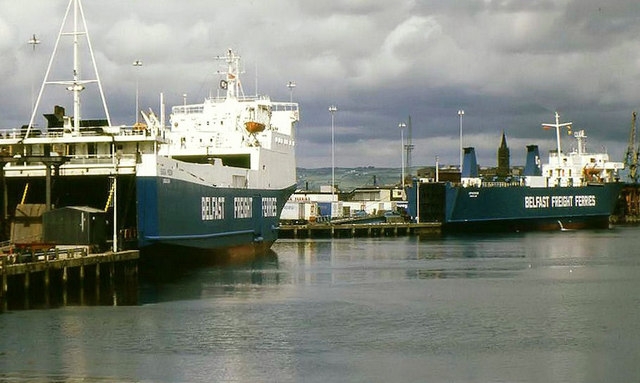 A rare view of Belfast Freight Ferries two Heysham ships Saga Moon and Spheroid together at Donegal Quay in Belfast during 1998. © Copyright Albert Bridge and licensed for reuse under this Creative Commons Licence http://creativecommons.org/licenses/by-sa/2.0/ .