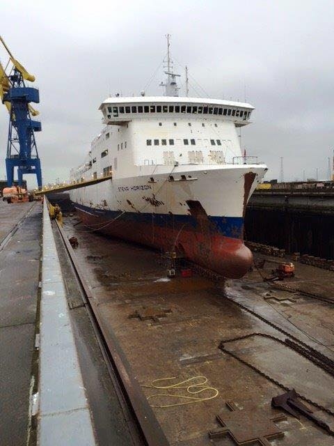 Stena Horizon pictured at Harland and Wolff's Belfast dry-dock undergoing refit in January 2016. Stena Line.