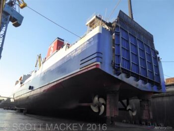 Stena Hibernia dry docked at Harland and Wollf at the end of 2016. Copyright Scott Mackey.
