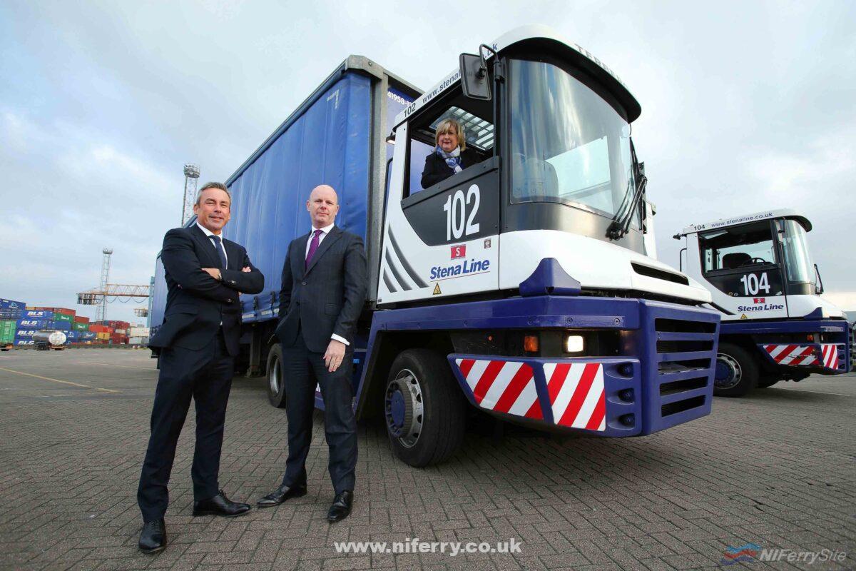 IN THE DRIVING SEAT...Leading ferry company Stena Line has posted a record year for freight traffic volumes on its Belfast Harbour routes to Cairnryan, Liverpool and Heysham in 2016. For the first time in its history, Stena Line has carried over 500, 000 freight units through Belfast Harbour. Pictured celebrating the success are (left to right): Paul Grant, Stena Line’s Trade Director (Irish Sea North), Joe O’Neill, Commercial Director, Belfast Harbour and Anna Breen, Stena Line’s Freight Commercial Manager (Irish Sea North).