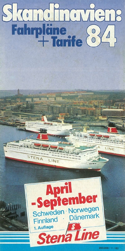 Scan of Stena's 1984 brochure cover featuring the new Stena Danica and Stena Jutlandica, passing a berthed Kronprinsessan Victoria in Gothenburg. Björn Larsson collection