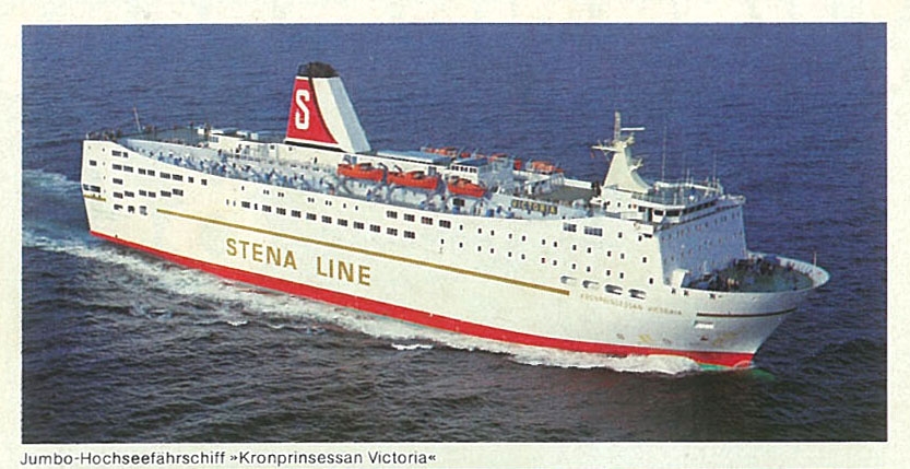 Scan of Stena's 1984 brochure cover featuring the new Stena Danica and Stena Jutlandica, passing a berthed Kronprinsessan Victoria in Gothenburg. Björn Larsson collection.