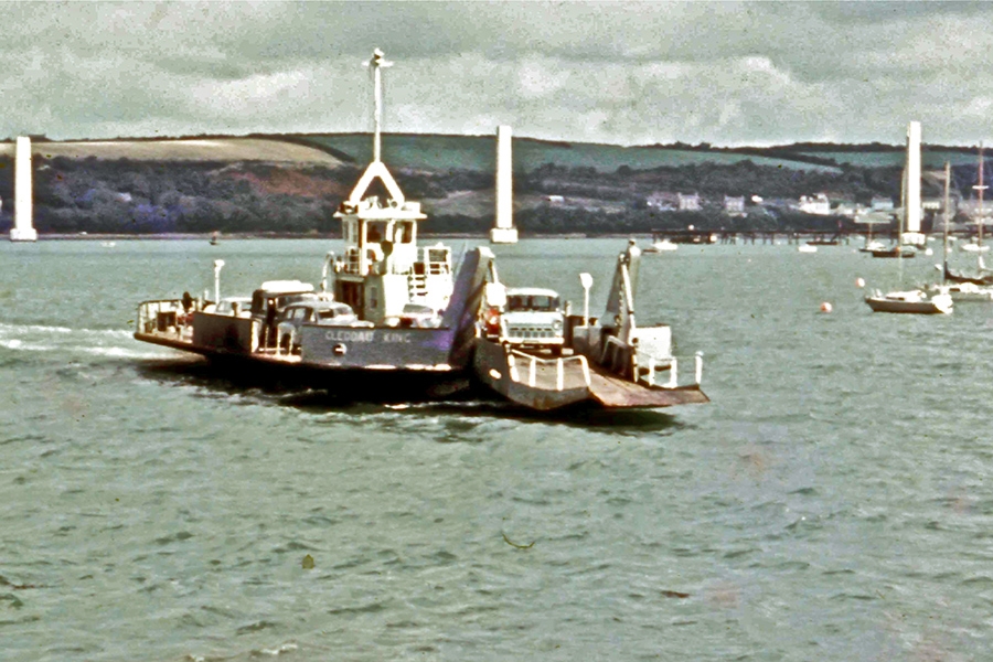 Cleddau King in 1972 with the collapsed box girder bridge that would eventually replace her in the background (crop).  In this picture you can see the somewhat unconventional layout of a single ramp and a number of gates for loading and unloading.  By <a href=