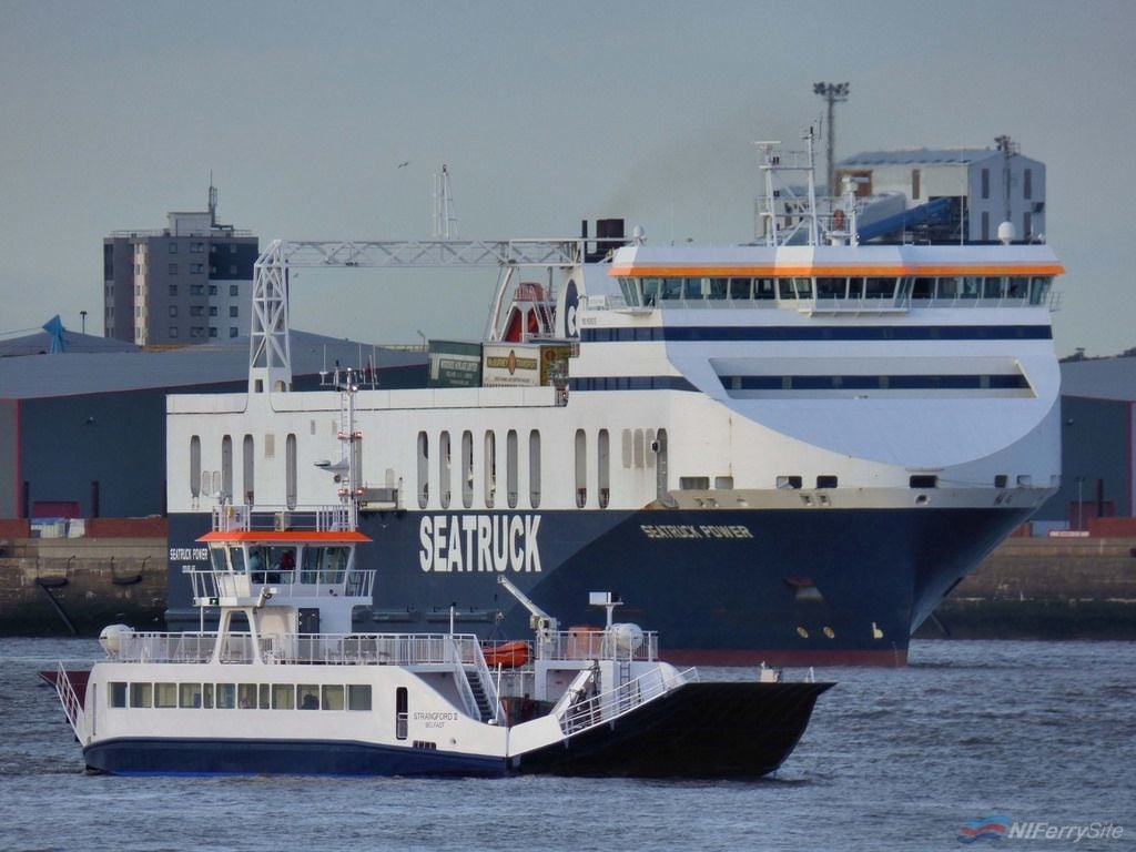 Strangford II on trials in the River Mersey with Seatruck's 'Seatruck Power' in the background. Seatruck Power is a sister of Stena Precision and Stena Performer. Copyright © Das Boot 160. Flickr.