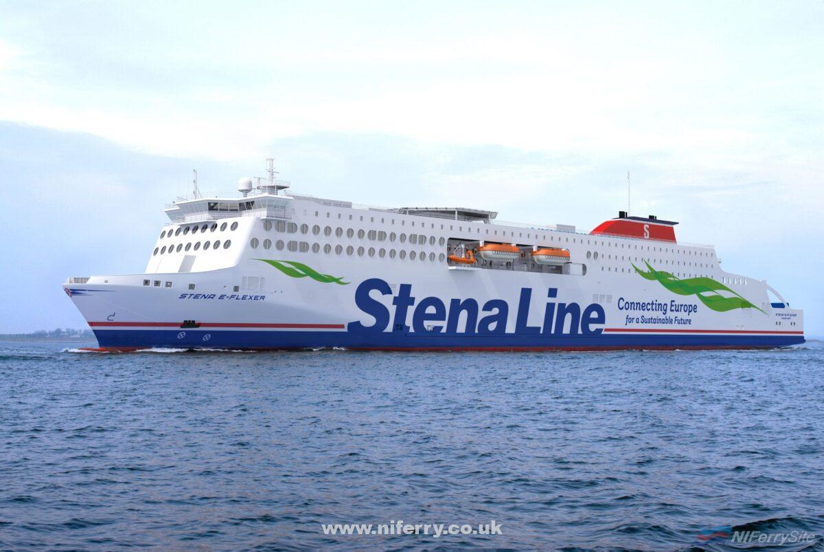 Rendering of the Stena E-Flexer design with the new Connecting Europe for a Sustainable Future slogan.