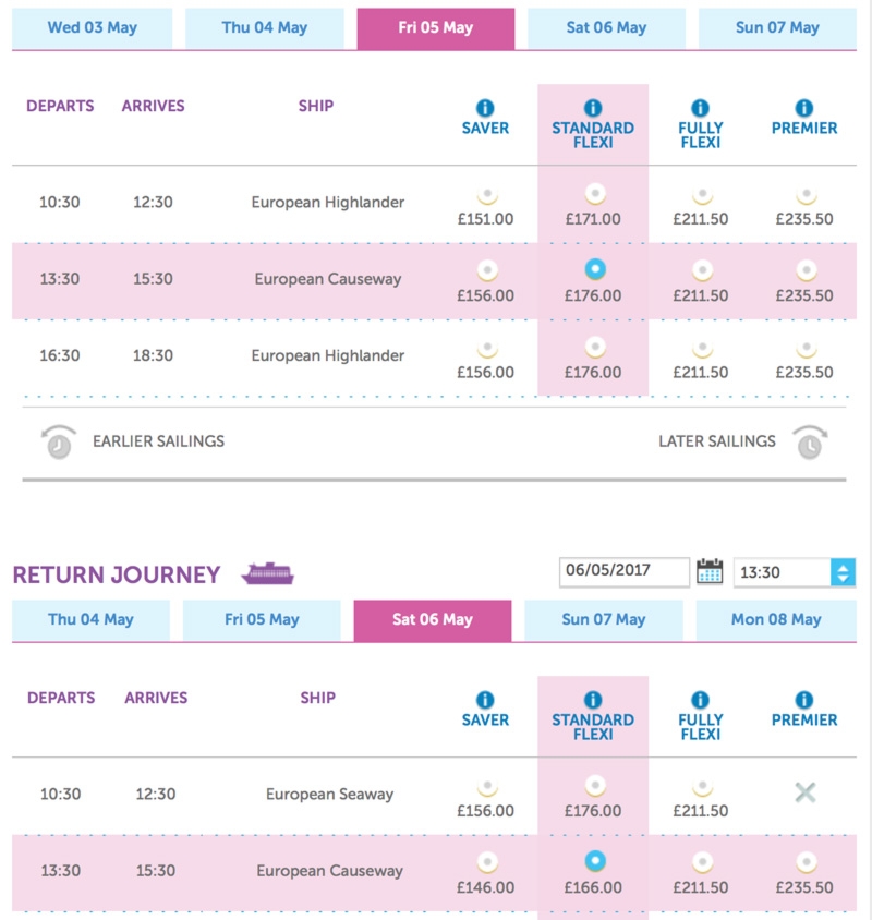 Screenshot of the updated timetable on the poferries.com website, showing EUROPEAN SEAWAY in service from 6th May.