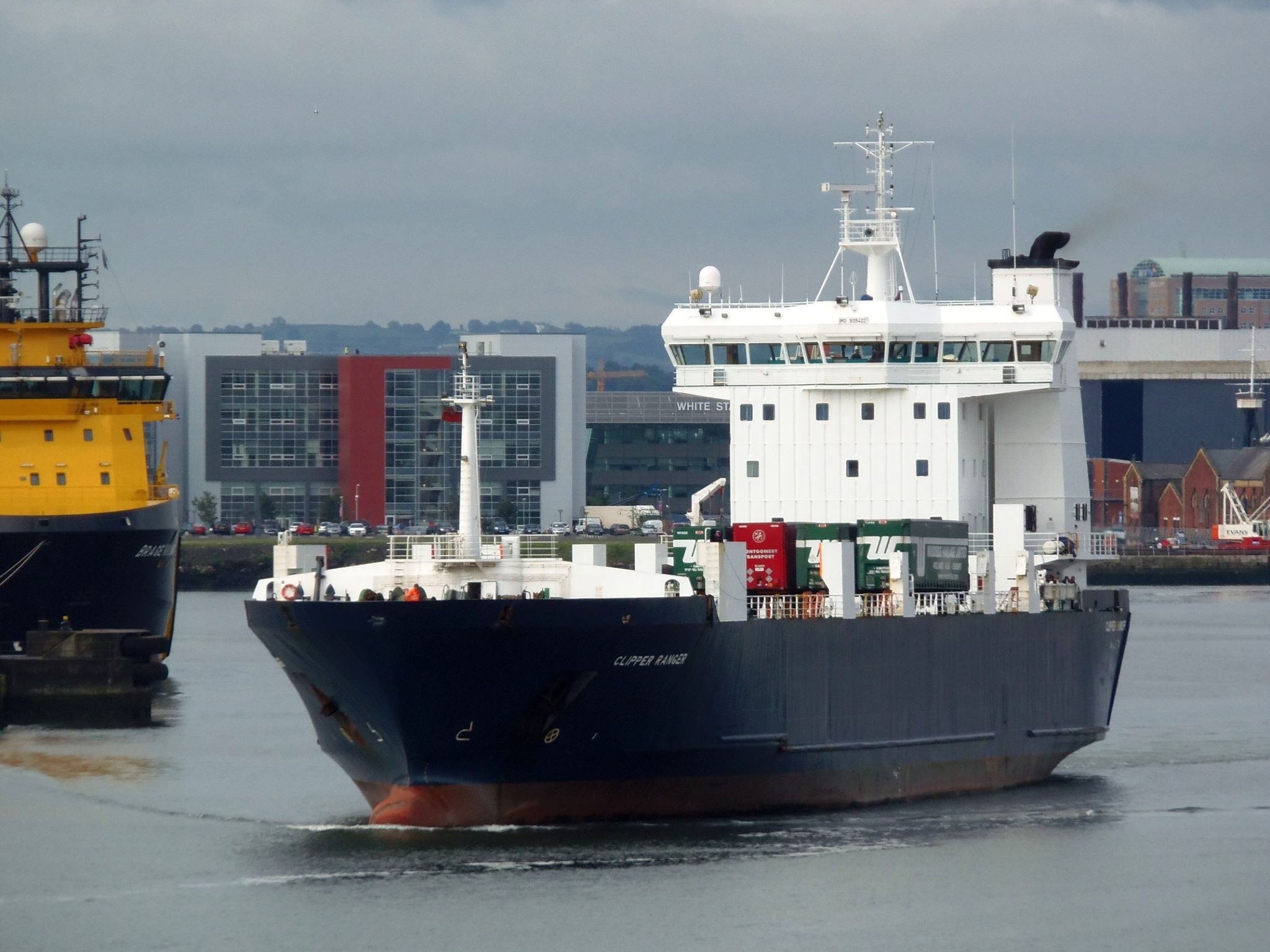 Seatruck's freight ferry CLIPPER RANGER departs Belfast for Heysham. Copyright © Michael Livie.