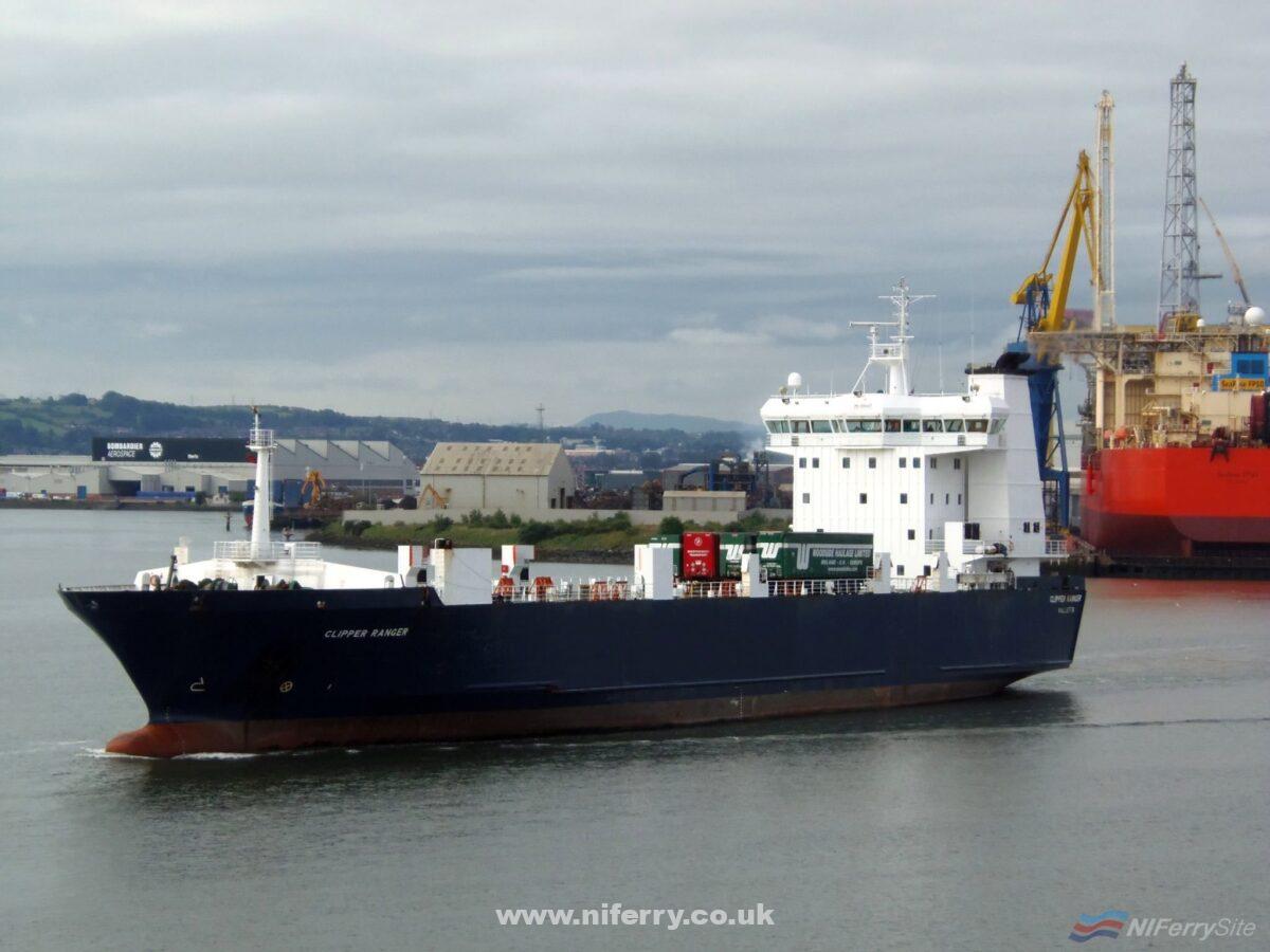 Seatruck's freight ferry CLIPPER RANGER departs Belfast for Heysham. Copyright © Michael Livie.