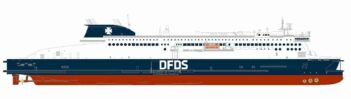 A side-profile rendering of how the Stena E-Flexer class RoPax chartered to DFDS for their Dover to Calais route will look. DFDS