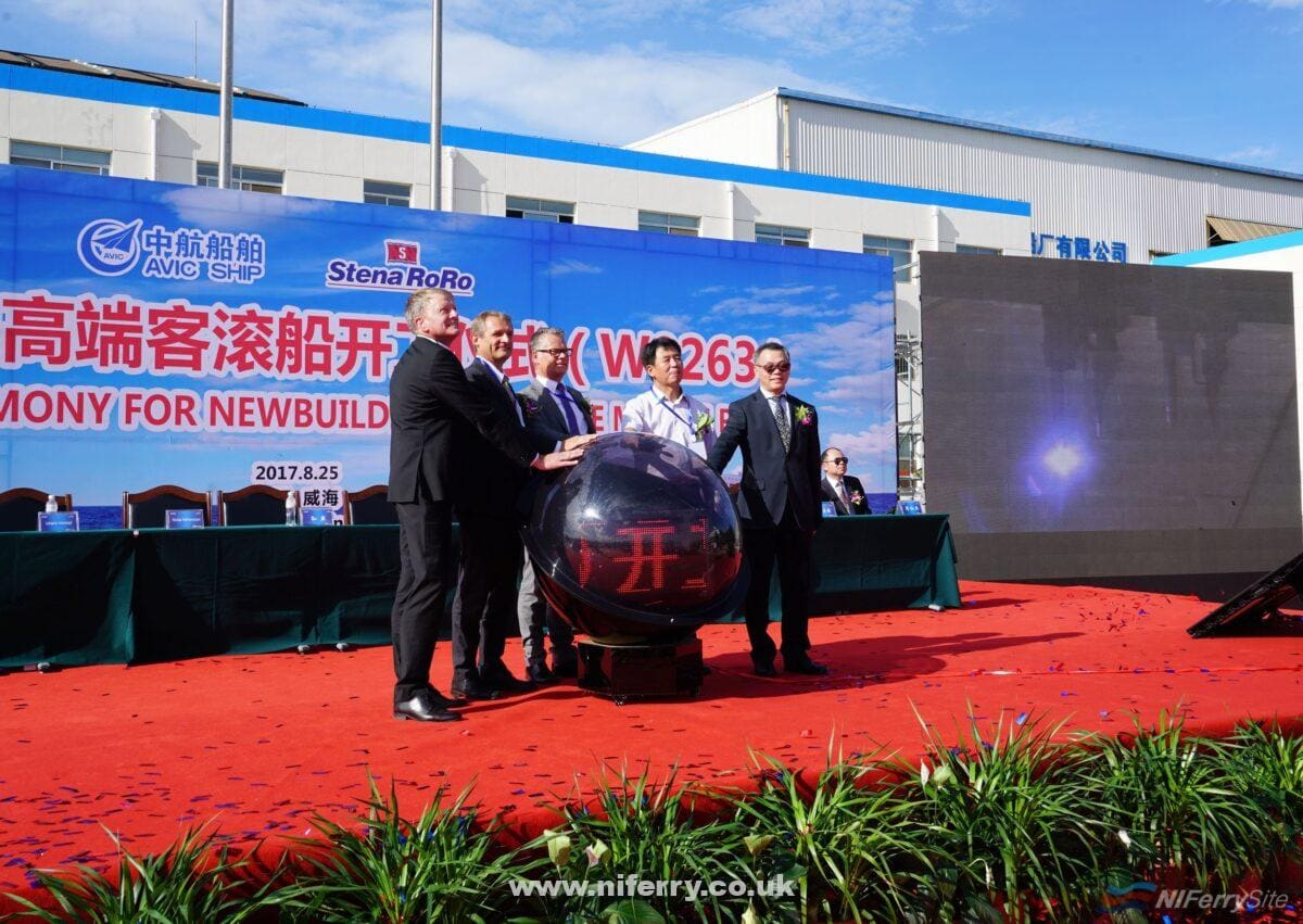 On Friday 25th August 2017, a ‘steel cutting ceremony’ was held at the AVIC Weihai Shipyard in China to mark the start of the construction of the first of four RoPax vessels ordered by Stena.  The vessels have a planned delivery timetable during 2019 and 2020 with Stena having an option on a further four vessels as part of the overall contract.  © Stena Line
