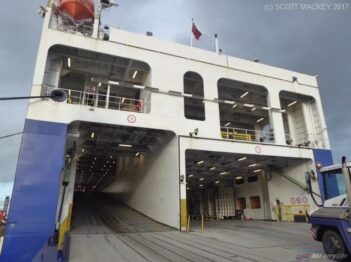 Stern view of STENA PRECISION with the ramp to the upper vehicle deck to the left and entrance to the main vehicle deck to the right. Copyright © Scott Mackey