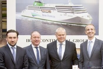 Pictured at the keel-laying ceremony for the new Irish Ferries RoPax are Irish Ferries managing director, Andrew Sheen (centre right), David Ledwidge (left), chief financial officer, Irish Continental Group Plc and Capt. Brian McKenna (right). With them is Rüdiger Fuchs (centre left), CEO of shipbuilders Flensburger Schiffbau-Gesellschaft.