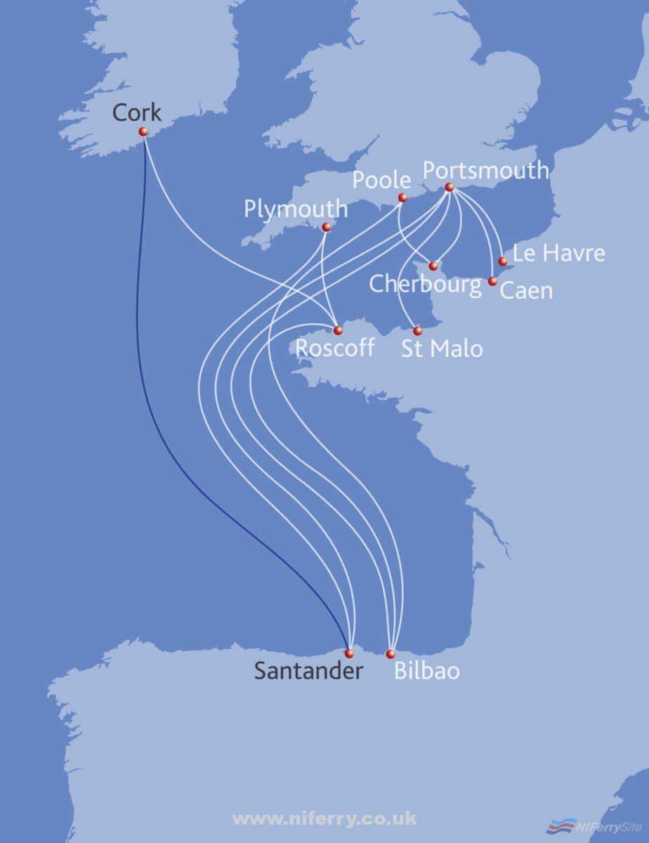 Brittany Ferries route map showing the new Cork - Santander route in the context of their network. Brittany Ferries.