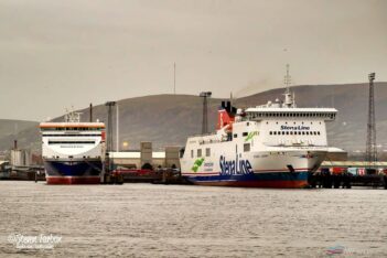 STENA PRECISION and STENA LAGAN berthed at Belfast's Victoria Terminal 2 and Victoria Terminal 4 respectively. Copyright © Steven Tarbox.