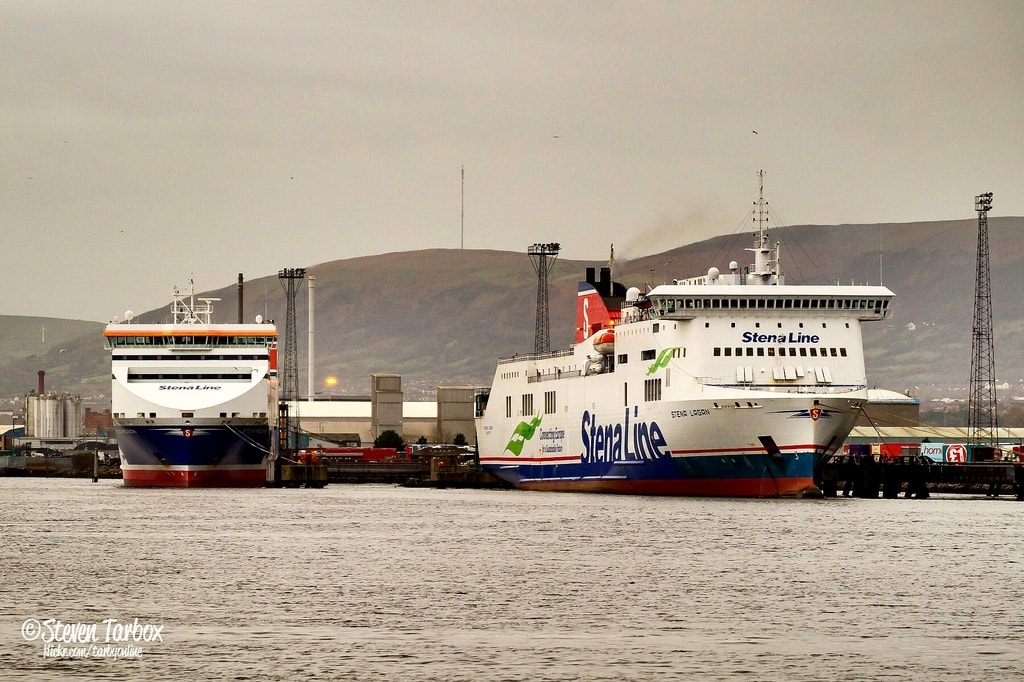 STENA PRECISION and STENA LAGAN berthed at Belfast's Victoria Terminal 2 and Victoria Terminal 4 respectively. Copyright © Steven Tarbox.