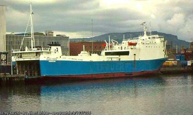 SAGA MOON in Belfast, 1987. She joined the Heysham route in 1986 and would later operate for Merchant Ferries, Norse Merchant Ferries, and Norfolk Line on the Belfast - Heysham route. © Copyright [url=http://www.geograph.ie/profile/5835]Albert Bridge[/url] and