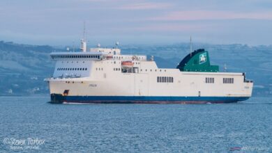 Irish Ferries EPSILON approaches Belfast Harbour on her way to Harland & Wolff for her 2018 dry docking. Copyright © Steven Tarbox