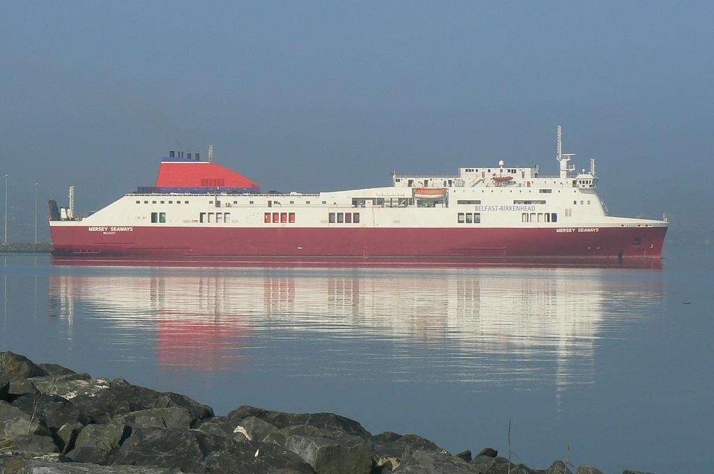 MERSEY SEAWAYS is seen on March 3rd 2011 with her funnel in Stena colours but with any branding yet to be added. She was renamed STENA LAGAN and repainted in full Stena Line colours in August 2011, almost a year to the day after receiving her previous name. Copyright © Scott Mackey.