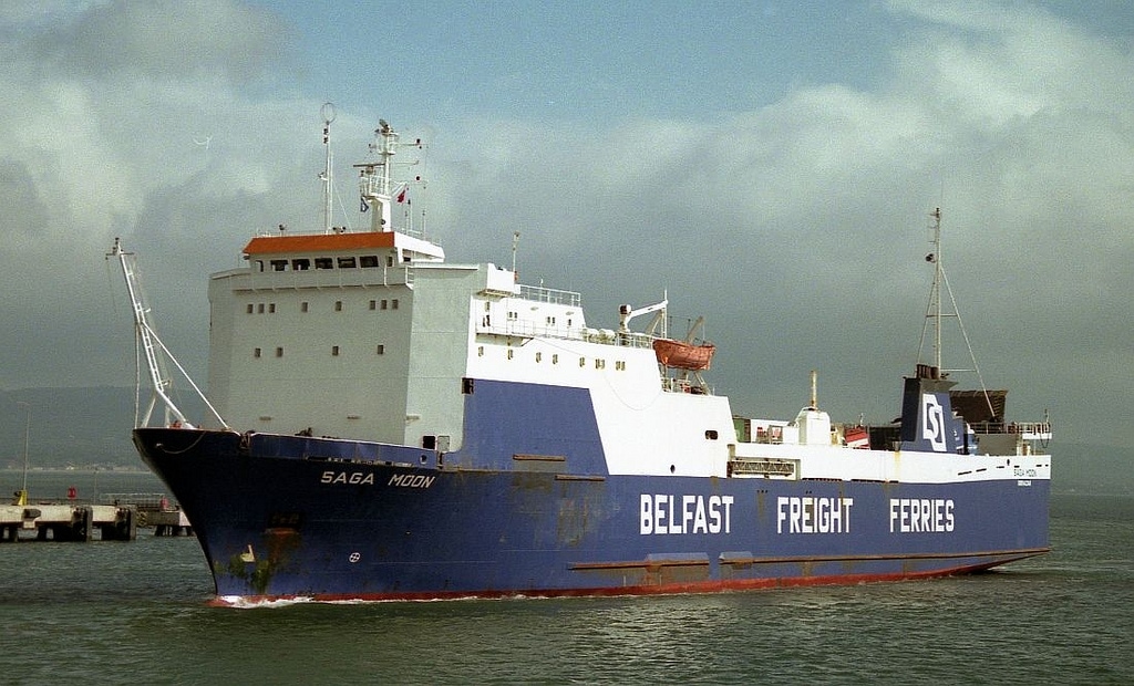 Belfast Freight Ferries SAGA MOON seen arriving in Belfast on 13th July, 1995. She had joined BFF in 1986 and subsequently passed to Merchant Ferries, Norse Merchant Ferries, and Norfolk Line following successive takeovers of her operators. In August 1995 was lengthened by 28m in Middlesbrough. She left Belfast on 28th January 2010 for service in Mexico as SANTA MARCELA. Copyright © Alan Geddes.