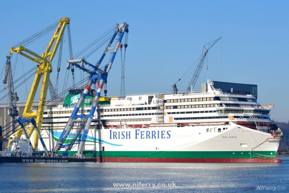 Irish Ferries W.B. Yeats shown under construction at the Flensburger shipyard on 8th February 2018. The heavy-lift crane barges MATADOR and TAKLIFT have competed the lifting of the last section of superstructure into place in this view. Copyright © Frank Jensen.