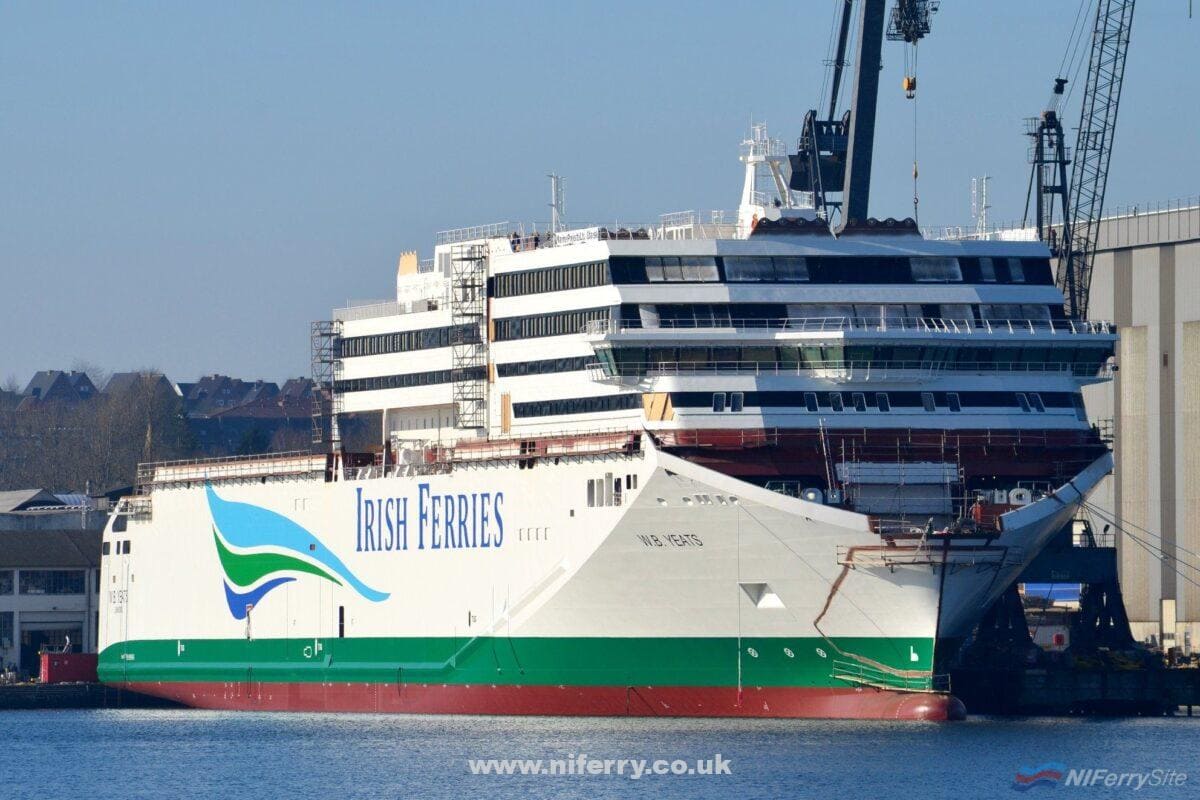Irish Ferries W.B. Yeats shown under construction at the Flensburger shipyard on 7th February 2018. In this view the heavy-lift crane barges TAKLIFT and MATADOR have lifted the central section of the superstructure into place. Copyright © Frank Jensen