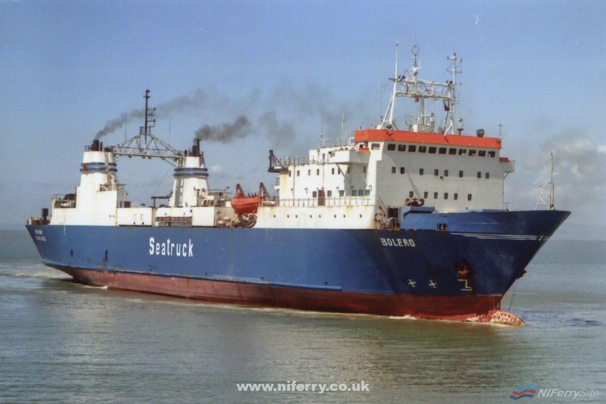Seatruck Ferries' first vessel was the chartered Romanian Ro-RoBOLERO. Originally launched in the then East Germany in 1983 as SIEGELBERG, she was one of 5 RO-15 class vessels built for Deutsche Seereederei. She was laid up unfinished after launch before being completed and delivered in 1985 for Romania's Romline as TUZLA. Photographer unkown. NIFS Archive.