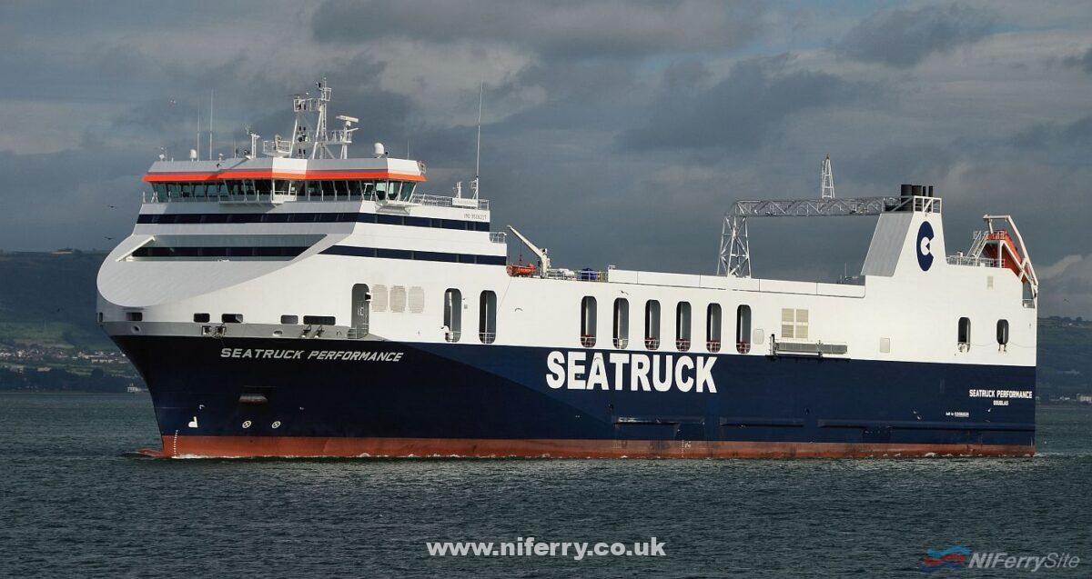 SEATRUCK PERFORMANCE arriving in Belfast to carry out berthing trials on the 6th of September 2012. She would later become STENA PERFORMER but returned to her original name and operator at the end of August 2018. Copyright © Alan Geddes.
