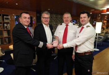 Stena Line CEO Niclas Martensson presented the team on Stena Superfast VIII with the Scandinfo trophy for 2017.  Pictured with Niclas are, Senior Master George Combe (2nd from right), Onboard Sales & Services Manager Norris McLean (left) and Chief Engineer Conor Murphy (right) with the much sought-after trophy. Stena Line