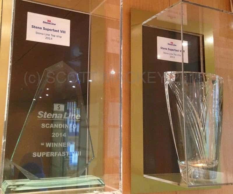 The ScandInfo trophies for 2013 and 2014 displayed onboard STENA SUPERFAST VIII. Copyright © Scott Mackey.