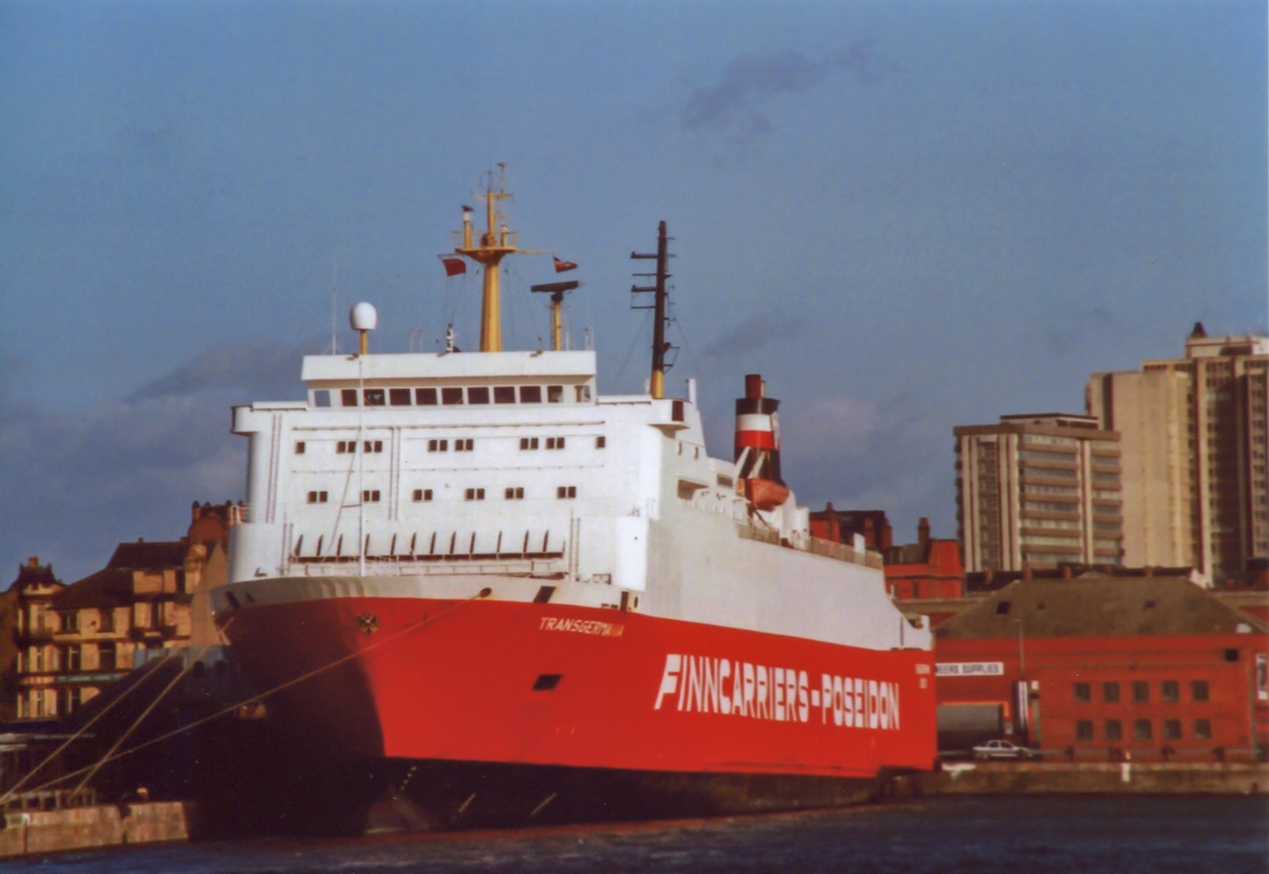 TRANSGERMANIA seen at Liverpool while on charter to Norse Irish Ferries. Photographer unkown. NIFS Archive.