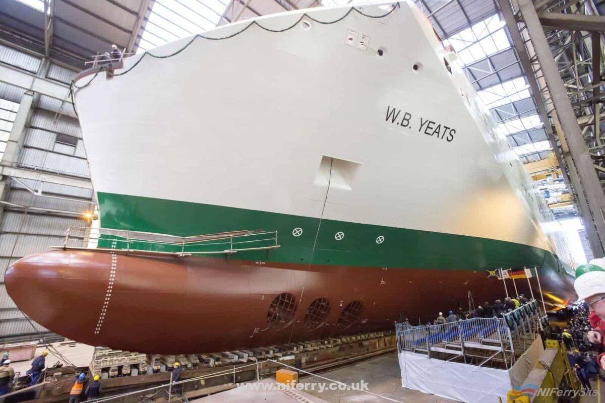 The hull of W.B. YEATS on the covered slipway at FSG just prior to her launch at 12:00 on 19th of January 2018. Irish Ferries.