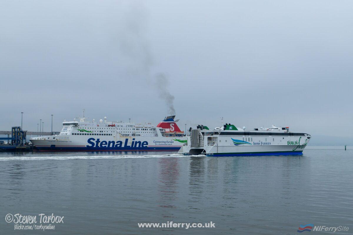 DUBLIN SWIFT passes STENA SUPERFAST VIII as she leaves Belfast for Dublin. This follows a 3 month long refit and conversion to make the former WESTPAC EXPRESS suitable for use as a civilian ferry between Dublin and Holyhead.