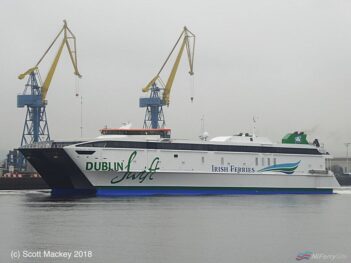 Dublin Swift leaves Harland & Wolff's ship repair quay following completion of her conversion to civilian use, 13/04/18. Copyright © Scott Mackey