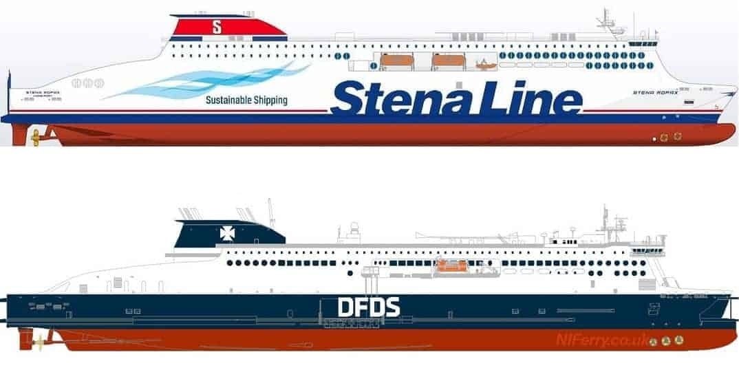 Side profile drawing of the standard Stena E-Flexer Ro-pax design as released by Stena Line at the time of ordering from AVIC Weihai in China, with the rendering released today from DFDS. Image: Stena Line/DFDS edited by niferrysite.