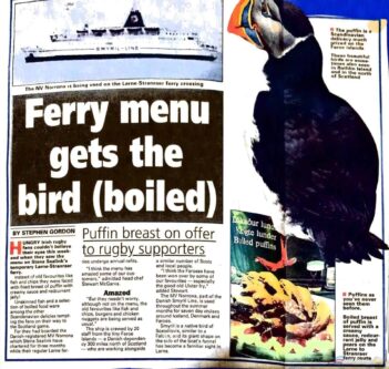 Belfast Telegraph article about boiled puffin being served onboard the Larne - Stranraer refit relief vessel NORRONA. NIFS Archive