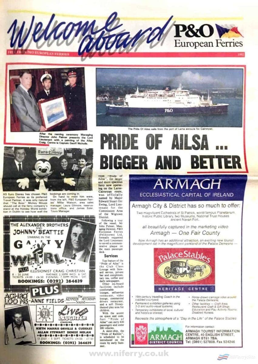 Photograph of the front page of P&O's "Welcome Aboard" onboard newsletter from 1992, featuring the introduction of PRIDE OF AILSA. NIFS archive.