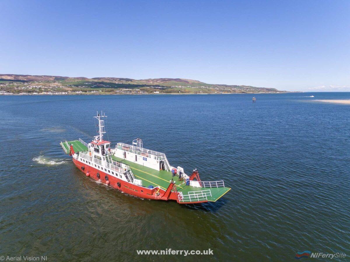 STRANGFORD conducting sea trials across Lough Foyle between Greencastle and Magilligan. The former Strangford Lough ferry will cover the service over the Early-May Bank Holiday period in the absence of the regular vessel, FRAXER MARINER. Copyright © Aerial Vision NI.