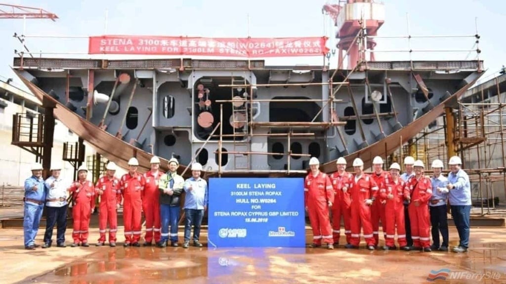 The keel laying of Stena’s second E-Flexer RoPax at AVIC Weihai in China. When delivered this vessel will be deployed on the busy Belfast to Liverpool (Birkenhead) route. AVIC.