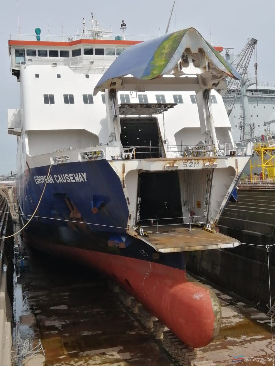 P&O Ferries EUROPEAN CAUSEWAY seen in dry dock at Cammell Laird Birkenhead, July 4th 2019. Copyright © Neil Hopkins.