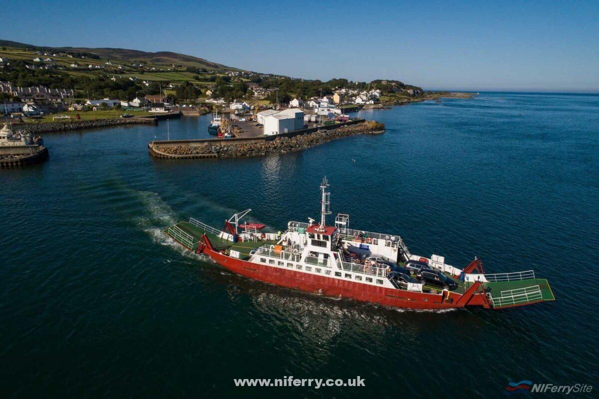 Frazer Ferries’ STRANGFORD 1 leaves the harbour at Greencastle at the start of another passage across Lough Foyle to Magiligan Point. Scenic Lough Foyle Ferry.